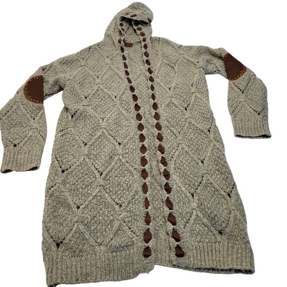 Pol long elbow patch oversized open knit cardigan sweater stitched woven - Picture 2 of 10